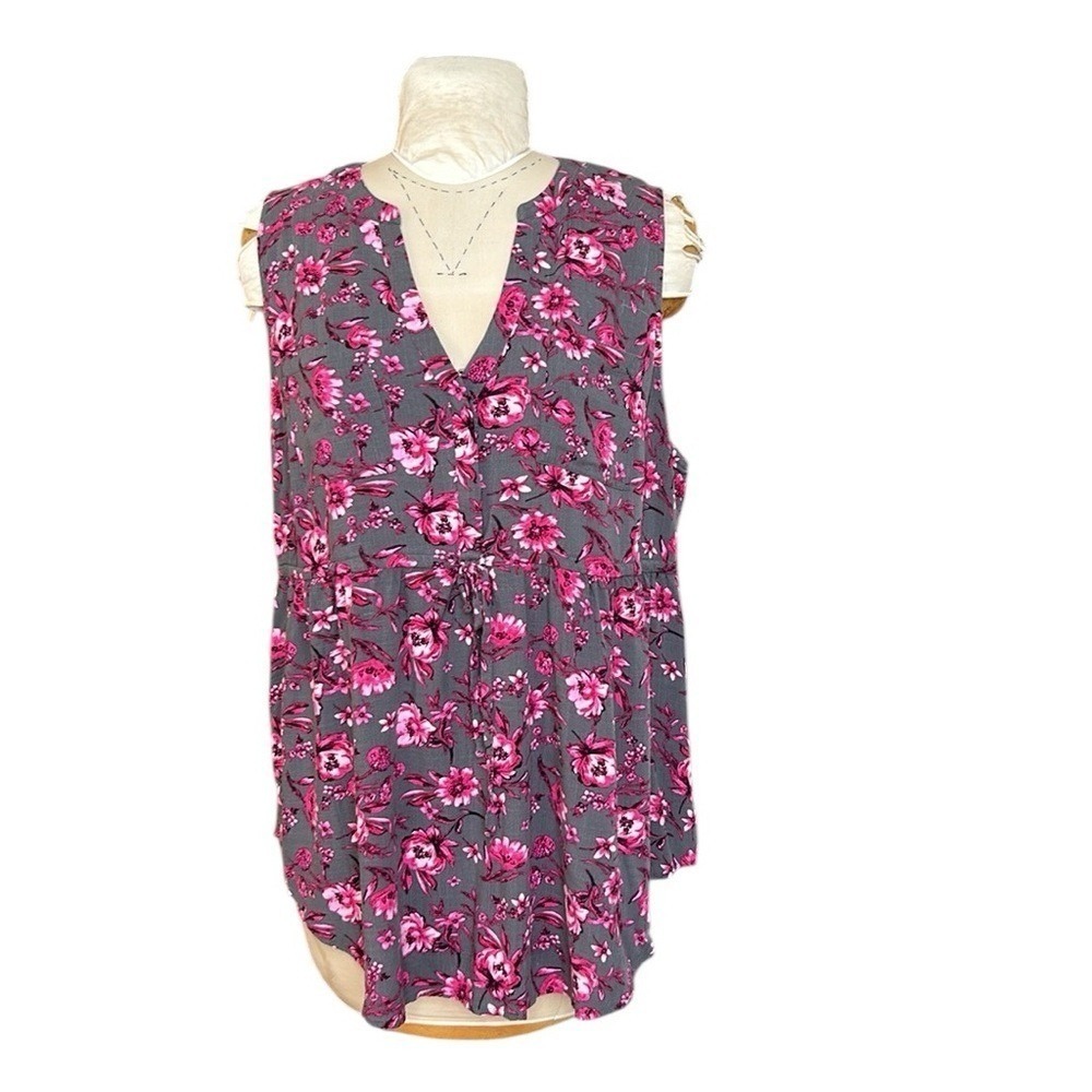 Torrid Floral Sleeveless Emma Babydoll Tunic Top Gray Pink Drawstring 2X 18/20